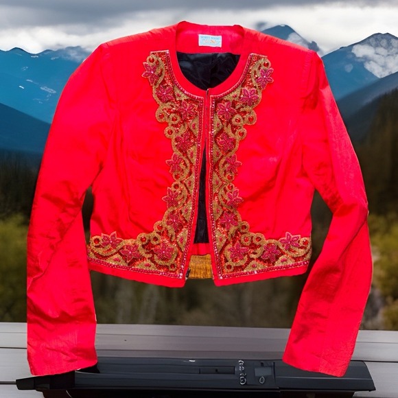 Hobby Horse Clothing Co. Inc. Jackets & Blazers - Hobby Horse Red Beaded Embellished Cropped Bolero Women's Small